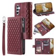 thumbnail image 1 of SaniMore for Samsung Galaxy S24 Wallet Case, Wrist/Crossbody Lanyard, 3D Lattice PU Leather Kickstand Zipper Purse Card Slots Magnetic Clasp Shockproof TPU Shell Anti-drop, Winered, 1 of 10