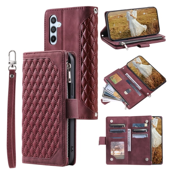 SaniMore for Samsung Galaxy S24 Wallet Case, Wrist/Crossbody Lanyard, 3D Lattice PU Leather Kickstand Zipper Purse Card Slots Magnetic Clasp Shockproof TPU Shell Anti-drop, Winered