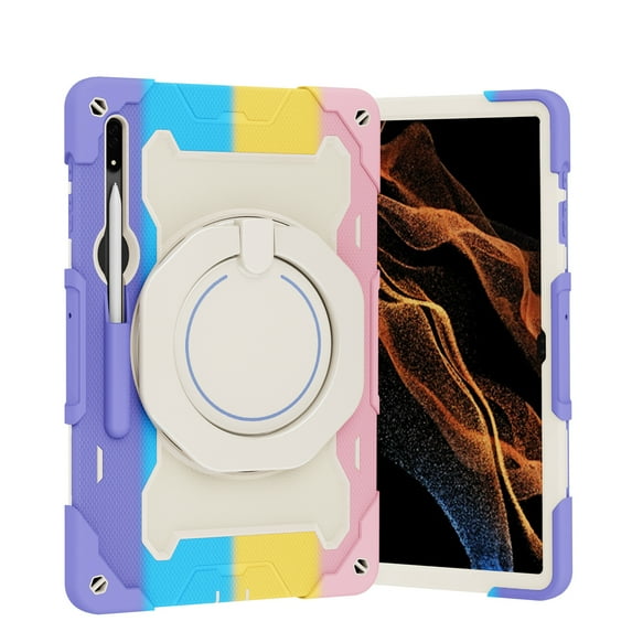 SaniMore for Samsung Galaxy S9 Ultra 14.6" 2023 (SM-X910/X916B/X918U) 3 Layers Protection Kids-friendly Cover with Rotating Stand Handle, Shoulder Strap Pen Holder Armor Silicone Cover, Rainbowpink