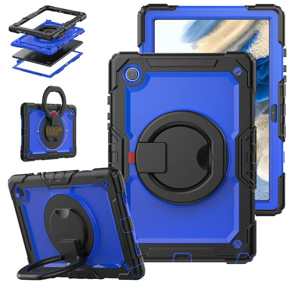 SaniMore for Samsung Galaxy Tab A8 10.5 inch 2022 SM-X200/SM-X205 Back Case with 360° Rotating Kickstand Holder Screen Protector Tri-layer Heavy Duty Drop-resistant Shockproof Case, Black/Blue