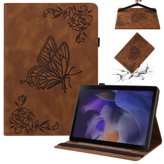 SaniMore for Samsung Galaxy Tab A8 10.5 inch 2022 SM-X200/SM-X205 Wallet Case Card Slots Hand Rope Anti-slip Strip Pen Holder Auto Wake/Sleep Stand Embossed Butterfly for Girls Women Case, Brown