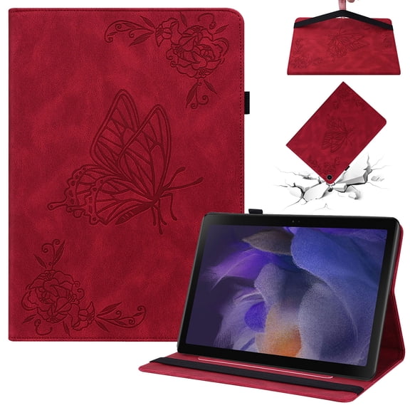 SaniMore for Samsung Galaxy Tab A8 10.5 inch 2022 SM-X200/SM-X205 Wallet Case Card Slots Hand Rope Anti-slip Strip Pen Holder Auto Wake/Sleep Stand Embossed Butterfly for Girls Women Case, Red