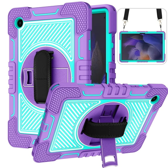 SaniMore for Samsung Galaxy Tab A8 (SM-X200/X205) Kids Case, Multi-Layer Case with Handle Crossbody Strap & 360° Rotatable Kickstand Shockproof Protective Case for Boys Girls, Purple+Mint