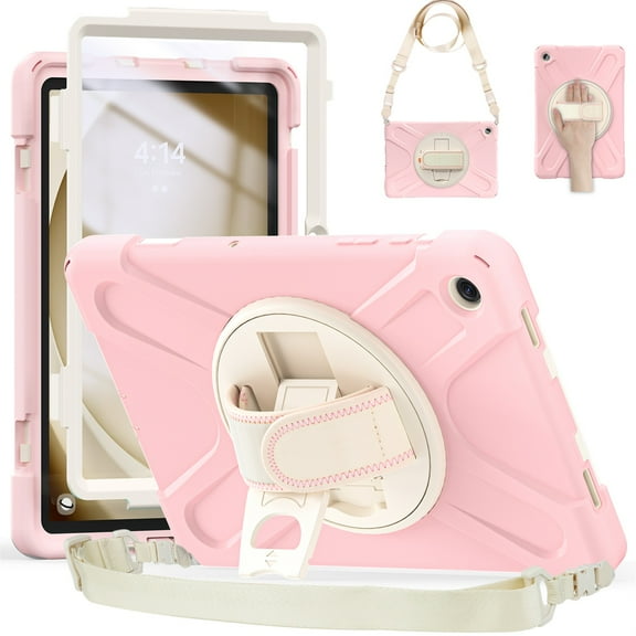 SaniMore for Samsung Galaxy Tab A9 Case (8.7" 2023 SM-T550 SM-P550), Rotating Handle Shoulder Strap Bracket Drop Resistant Tri-layer Heavy Duty Protective Shcokproof Tablet Cover, Pink