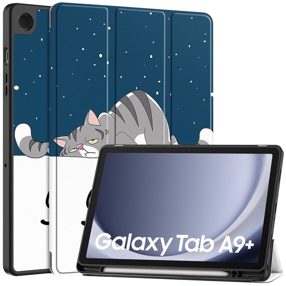 SaniMore for Samsung Galaxy Tab A9 Plus 12.4" 2023 SM-X810/X816/X818 Case, Auto Sleep/Wake, PU Leather Case with Tri-Fold Kickstand & Pencil Holder Shockproof Protective Case for Women Men, Cat