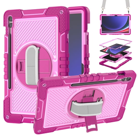 SaniMore for Samsung Galaxy Tab S9 Plus/S9 FE+ Kids Case, Multi-Layer Case with Handle Crossbody Strap & 360° Rotatable Kickstand Shockproof Protective Case for Boys Girls, Rose+Pink