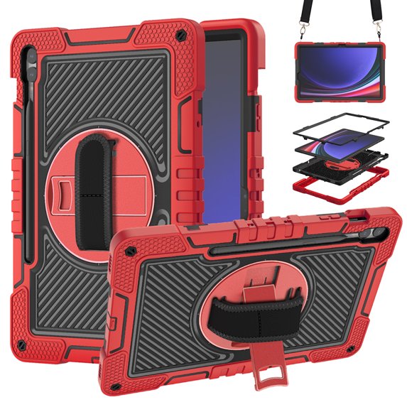 SaniMore for Samsung Galaxy Tab S9 Plus/S9 FE+ Kids Case, Multi-Layer Case with Handle Crossbody Strap & 360° Rotatable Kickstand Shockproof Protective Case for Boys Girls, Red+Black