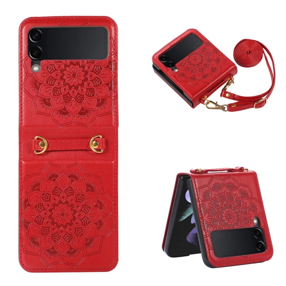 SaniMore for Samsung Galaxy Z Flip 3 6.7" 2021 Case, PU Leather Embossed Mandala Stylish Shockproof TPU Inner Shell Crossbody Lanyard Folding Shockproof Protective Cover for Galaxy Z Flip 3, Red