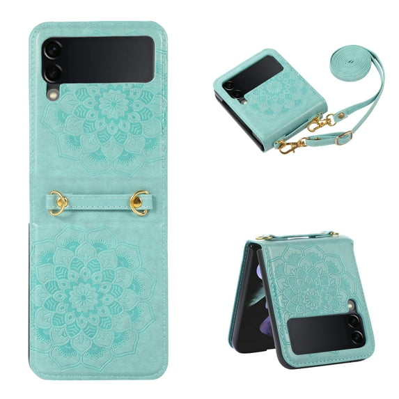 SaniMore for Samsung Galaxy Z Flip 3 6.7" 2021 Case, PU Leather Embossed Mandala Stylish Shockproof TPU Inner Shell Crossbody Lanyard Folding Shockproof Protective Cover for Galaxy Z Flip 3, Green
