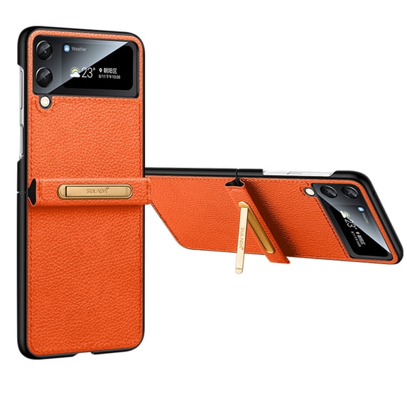 SaniMore for Samsung Galaxy Z Flip 3 6.7" 2021 Case, PU Leather Shell Ultra-thin Design Hidden Bracket All-inclusive Hybird Shock Resistant Anti-fall Wear-resistant Folding Cover for Z Flip 3, Orange