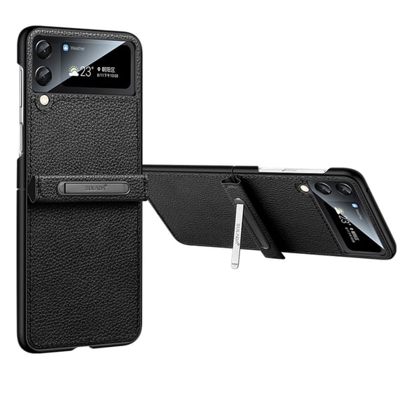 SaniMore for Samsung Galaxy Z Flip 3 6.7" 2021 Case, PU Leather Shell Ultra-thin Design Hidden Bracket All-inclusive Hybird Shock Resistant Anti-fall Wear-resistant Folding Cover for Z Flip 3, Black