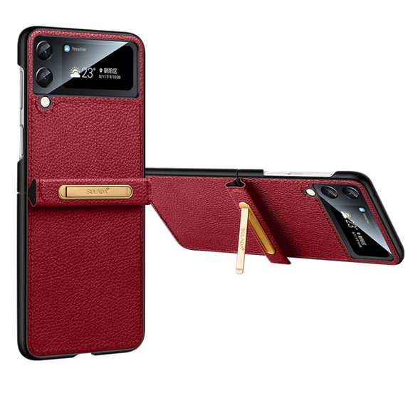 SaniMore for Samsung Galaxy Z Flip 3 6.7" 2021 Case, PU Leather Shell Ultra-thin Design Hidden Bracket All-inclusive Hybird Shock Resistant Anti-fall Wear-resistant Folding Cover for Z Flip 3, Red