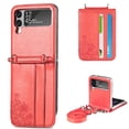 thumbnail image 1 of SaniMore for Samsung Galaxy Z Flip 3 (6.7" 2021) Case, PU Leather Skin with Card Slots Detachable Crossbody Lanyard Stylish Embossed Flower Anti-scratch Anti-drop Shockproof Girly Shell, Red, 1 of 20