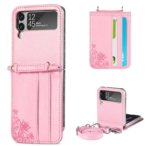 SaniMore for Samsung Galaxy Z Flip 3 (6.7" 2021) Case, PU Leather Skin with Card Slots Detachable Crossbody Lanyard Stylish Embossed Flower Anti-scratch Anti-drop Shockproof Girly Shell, Pink