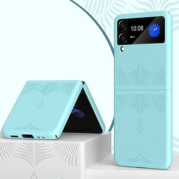 SaniMore for Samsung Galaxy Z Flip 3 6.7" 360° All-Inclusive Folding Embossed Case, Rugged PC & PU Leather Lightweight Anti-Fingerprint Military Grade Shockproof Protective Cove, Iceblue