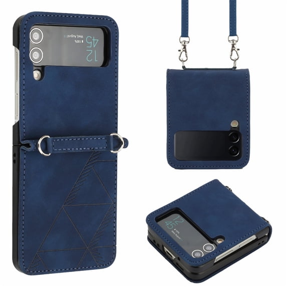 SaniMore for Samsung Galaxy Z Flip 3 6.7" PU Leather Case, Anti-Scratch Ultra-Thin Folding Cover Built-in Multi-View Kickstand & Detachable Shoulder Strap Full Body Protective Shell, Blue