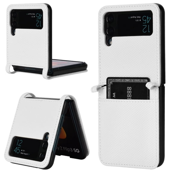 SaniMore for Samsung Galaxy Z Flip 3 6.7" PU Leather Case, Magnetic Wallet Ultra-Thin Cover with Wrist Strap & Card Slot Anti-Scratch All-Inclusive Protective Shell, White