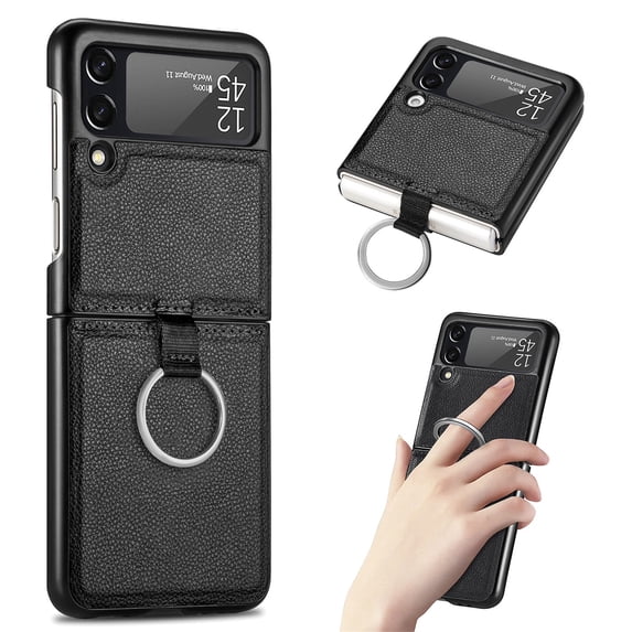 SaniMore for Samsung Galaxy Z Flip 3 6.7" Slim All-Inclusive Magnetic Folding Case, PU Leather Case with Wireless Charging & Ring Kickstand Full Body Protective Case for Samsung Z Flip 3, Black