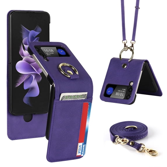 SaniMore for Samsung Galaxy Z Flip 3 Multi-Functional Folding Case Support Ring Kickstand & Card Slot, PU Leather Cover Built-in Adjustable Shoulder Strap Shockproof Protective Shell, Purple