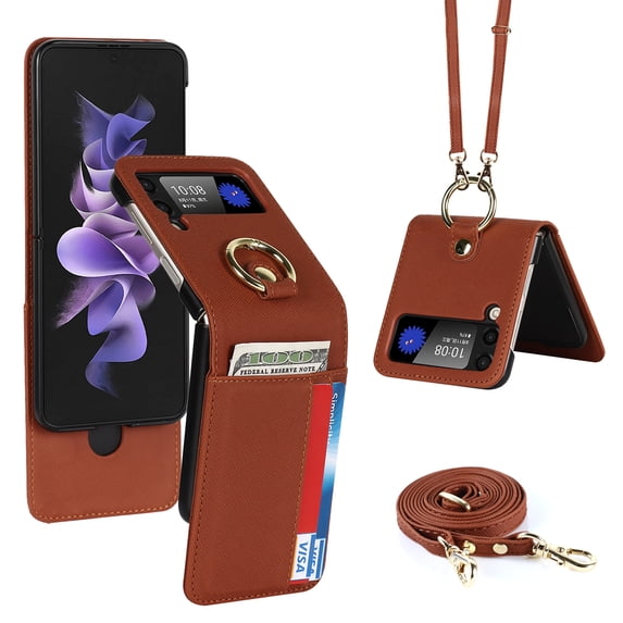 SaniMore for Samsung Galaxy Z Flip 3 Multi-Functional Folding Case Support Ring Kickstand & Card Slot, PU Leather Cover Built-in Adjustable Shoulder Strap Shockproof Protective Shell, Brown