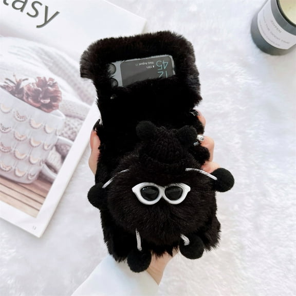 SaniMore for Samsung Galaxy Z Flip 3 Warm Cute Plush Briquette Folding Case, Fluffy Furry Back Case for Samsung Z Flip 3 Full Body Protective Case Ladies Women Girls, Black