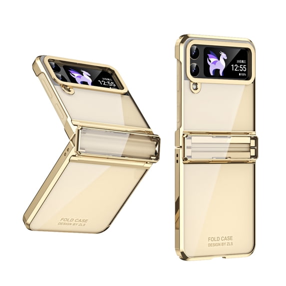 SaniMore for Samsung Galaxy Z Flip 4 (6.7" 2022) Case with Built-in Tempered Glass Protector (2pcs)( Hinge Protection Full Body Protection Plating Bumper Shockproof Anti-drop Clear Shell, Gold