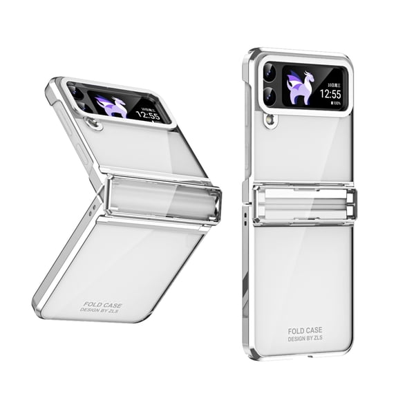 SaniMore for Samsung Galaxy Z Flip 4 (6.7" 2022) Case with Built-in Tempered Glass Protector (2pcs)( Hinge Protection Full Body Protection Plating Bumper Shockproof Anti-drop Clear Shell, Silver