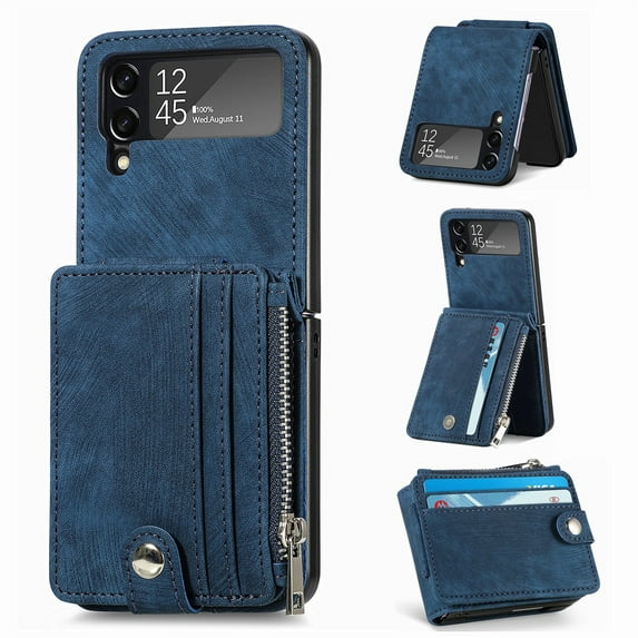 SaniMore for Samsung Galaxy Z Flip 4 6.7" 2022 Case, Detachable Zipper Wallet Card Slots Kickstand Wireless Charging Wear-resistant PU Leather Shockproof Folding Case for Galaxy Z Flip 4, Blue