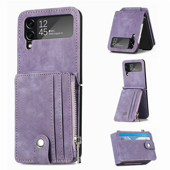 SaniMore for Samsung Galaxy Z Flip 4 6.7" 2022 Case, Detachable Zipper Wallet Card Slots Kickstand Wireless Charging Wear-resistant PU Leather Shockproof Folding Case for Galaxy Z Flip 4, Purple