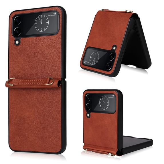 SaniMore for Samsung Galaxy Z Flip 4 (6.7" 2022) Phone Case, Retro PU Leather + Crossbody Lanyard, Shockproof Anti-fall Slim, Durable Wear-resistant Folding Shell for Galaxy Z Flip 4, Brown