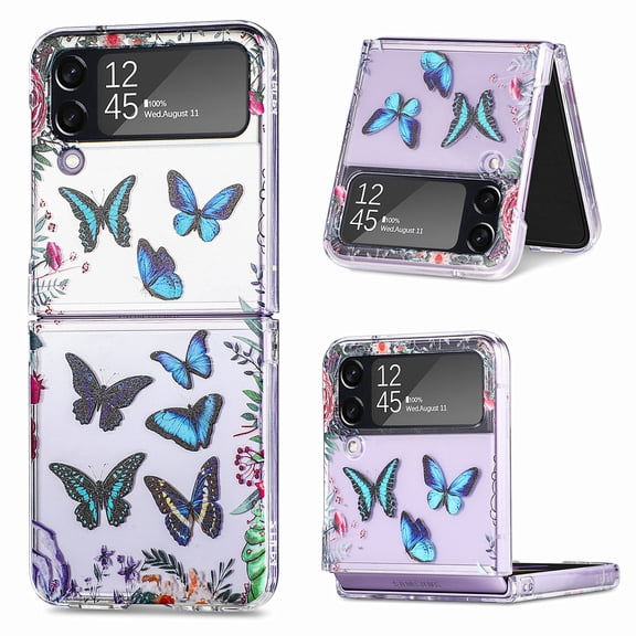 SaniMore for Samsung Galaxy Z Flip 4 6.7" Butterfly Transparent Magnetic Folding Case, Rugged PC Case with Wireless Charging [Not Yellowing Technology] Full Body Protective Cover, Blue