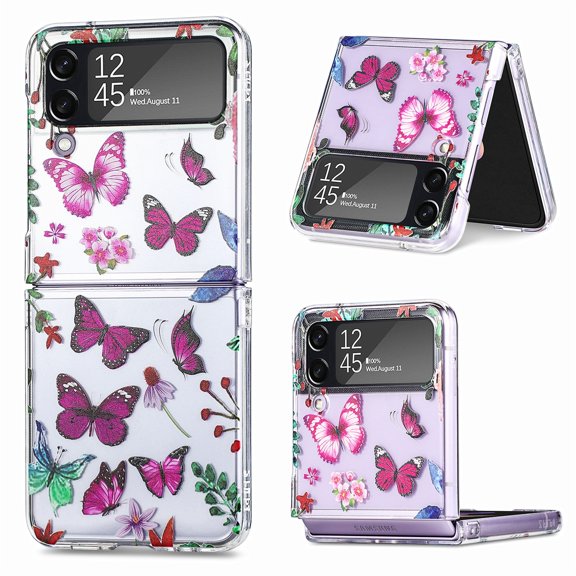 SaniMore for Samsung Galaxy Z Flip 4 6.7" Butterfly Transparent Magnetic Folding Case, Rugged PC Case with Wireless Charging [Not Yellowing Technology] Full Body Protective Cover, Purple