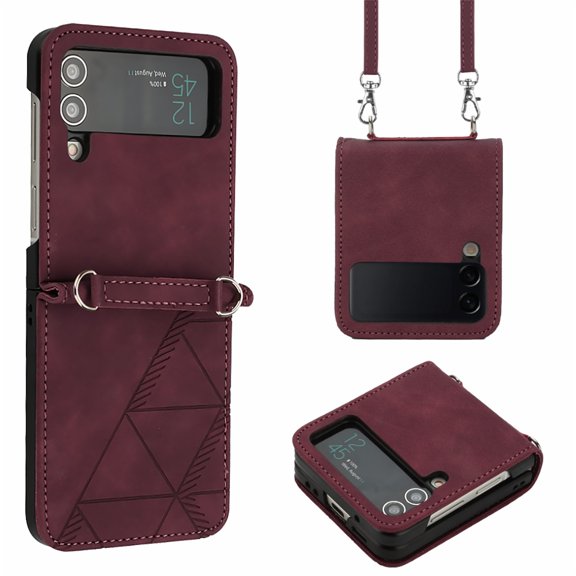 SaniMore for Samsung Galaxy Z Flip 4 6.7" PU Leather Case, Anti-Scratch Ultra-Thin Folding Cover Built-in Multi-View Kickstand & Detachable Shoulder Strap Full Body Protective Shell, Winered