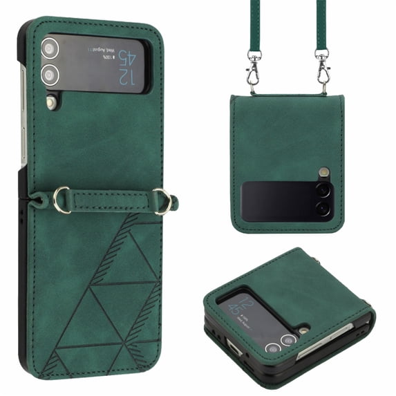 SaniMore for Samsung Galaxy Z Flip 4 6.7" PU Leather Case, Anti-Scratch Ultra-Thin Folding Cover Built-in Multi-View Kickstand & Detachable Shoulder Strap Full Body Protective Shell, Darkgreen