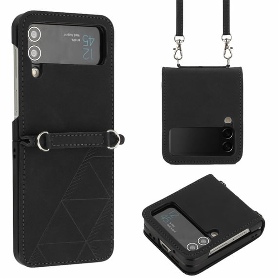 SaniMore for Samsung Galaxy Z Flip 4 6.7" PU Leather Case, Anti-Scratch Ultra-Thin Folding Cover Built-in Multi-View Kickstand & Detachable Shoulder Strap Full Body Protective Shell, Black