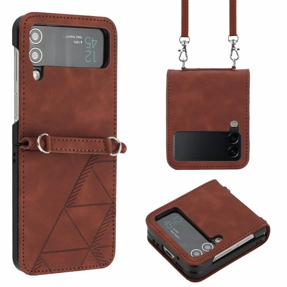 SaniMore for Samsung Galaxy Z Flip 4 6.7" PU Leather Case, Anti-Scratch Ultra-Thin Folding Cover Built-in Multi-View Kickstand & Detachable Shoulder Strap Full Body Protective Shell, Brown