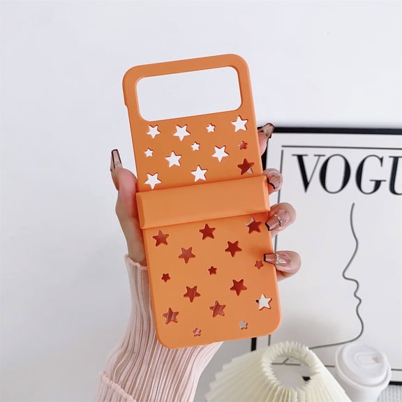 SaniMore for Samsung Galaxy Z Flip 4 6.7" Slim 360° All-Inclusive Protection Folding Case, Rugged PC [Macaron Hollow Pentagram] Anti-Scratch Full Body Protective Shell, Orange