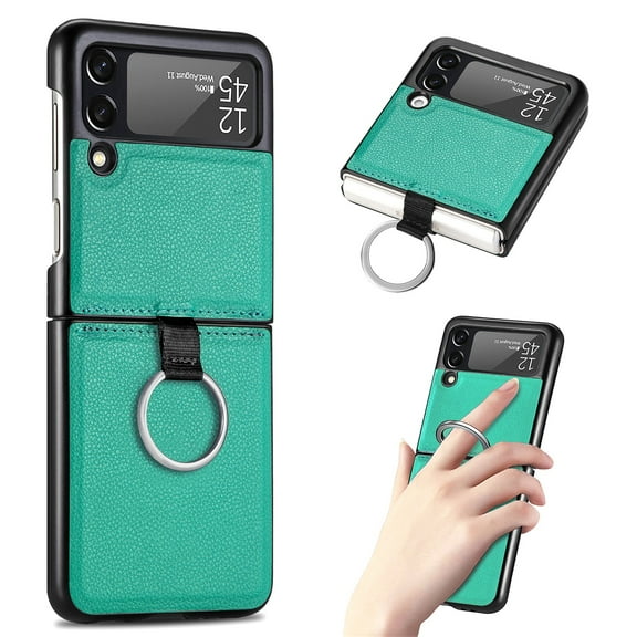 SaniMore for Samsung Galaxy Z Flip 4 6.7" Slim All-Inclusive Magnetic Folding Case, PU Leather Case with Wireless Charging & Ring Kickstand Full Body Protective Case for Samsung Z Flip 4, Green