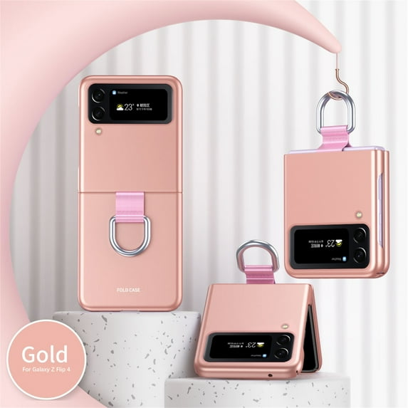 SaniMore for Samsung Galaxy Z Flip 4 6.7" Ultra-Thin Folding Case, Rugged PC Case with Ribbon Lanyard Anti-Fingerprint Full Body Protective Case for Samsung Z Flip 4 Women Men, Rosegold