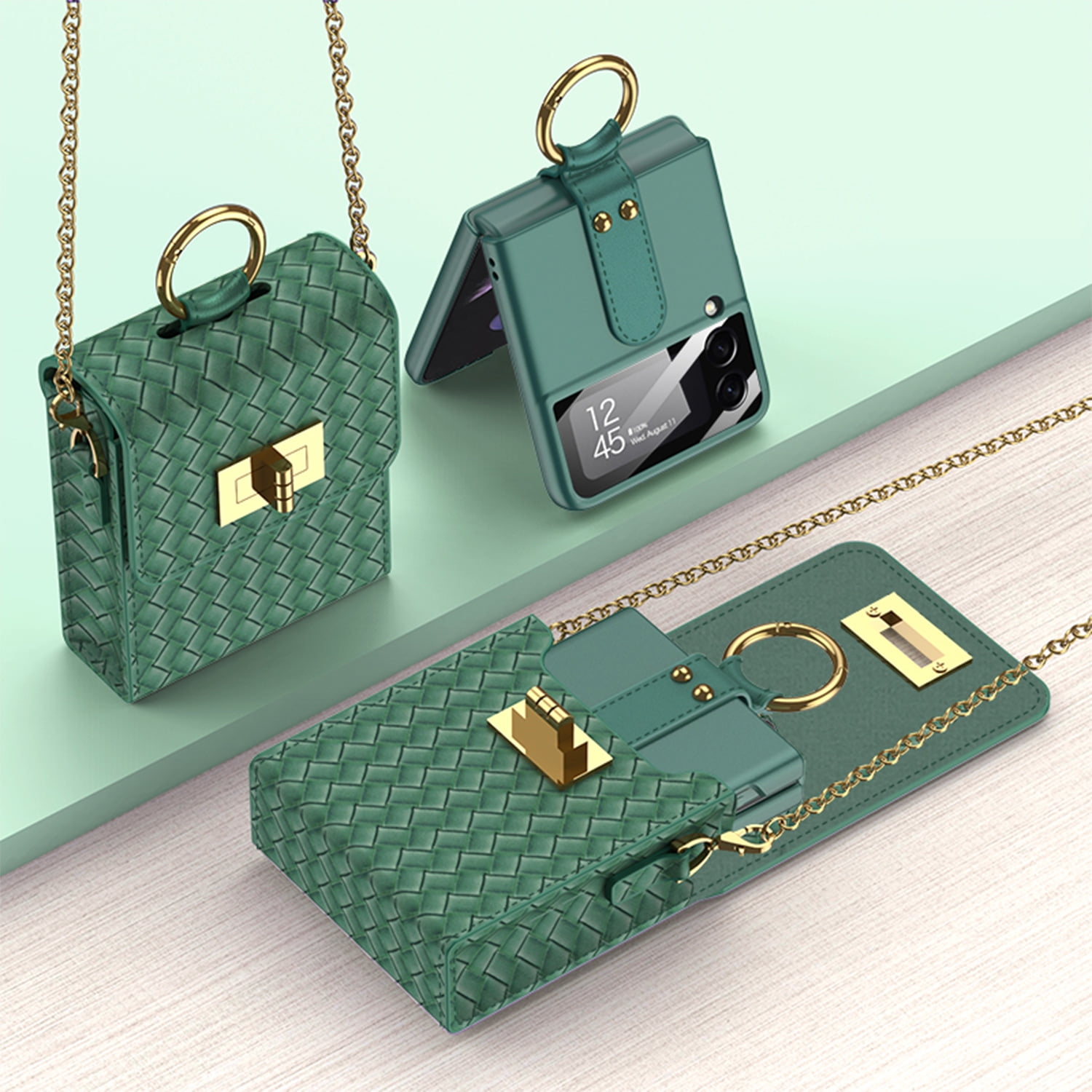 SaniMore for Samsung Galaxy Z Flip 4 Case with Strap Girls Women, Z Flip 4 Case Luxury PU Leather Case with Long Lanyard Fashion Crossbody Bag Wallet Case for Galaxy Z Flip 4/Z Flip 3/Z Flip, Green