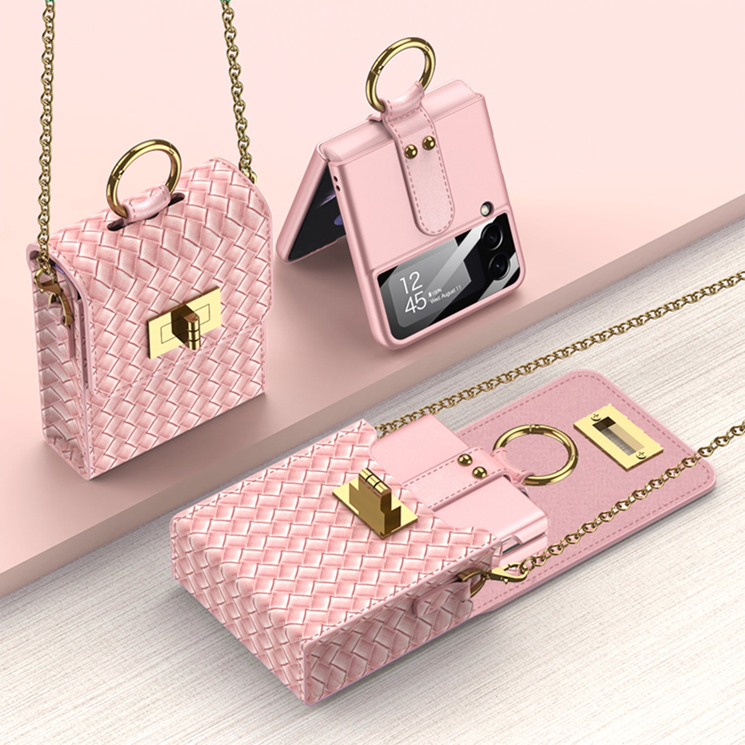 SaniMore for Samsung Galaxy Z Flip 4 Case with Strap Girls Women, Z Flip 4 Case Luxury PU Leather Case with Long Lanyard Fashion Crossbody Bag Wallet Case for Galaxy Z Flip 4/Z Flip 3/Z Flip, Pink