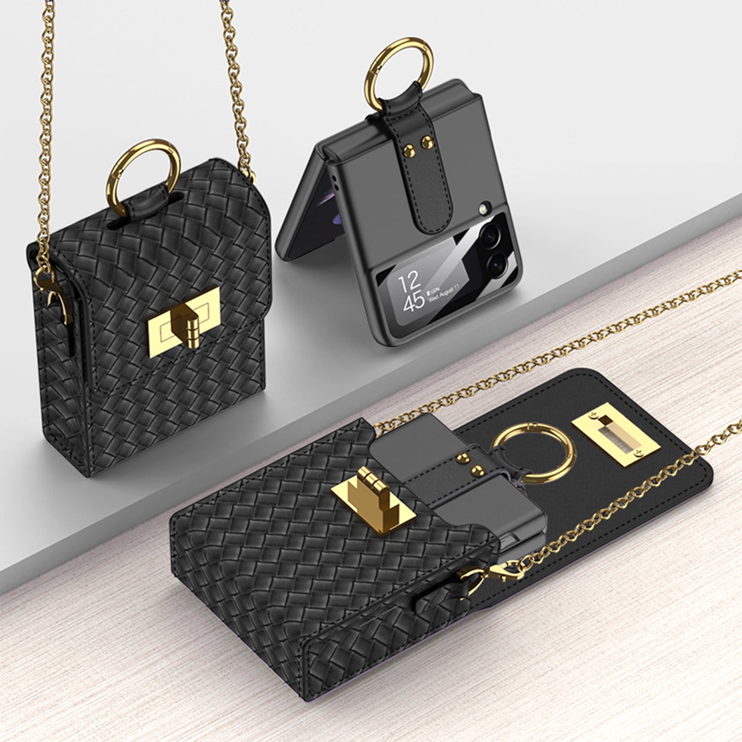 SaniMore for Samsung Galaxy Z Flip 4 Case with Strap Girls Women, Z Flip 4 Case Luxury PU Leather Case with Long Lanyard Fashion Crossbody Bag Wallet Case for Galaxy Z Flip 4/Z Flip 3/Z Flip, Black