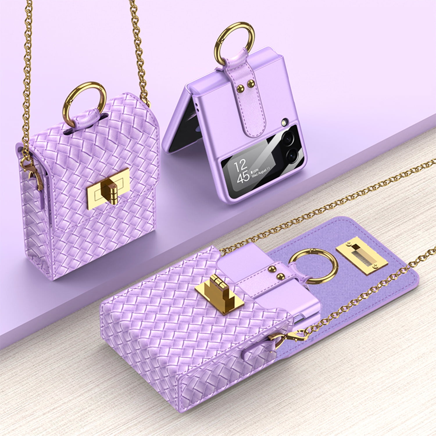 SaniMore for Samsung Galaxy Z Flip 4 Case with Strap Girls Women, Z Flip 4 Case Luxury PU Leather Case with Long Lanyard Fashion Crossbody Bag Wallet Case for Galaxy Z Flip 4/Z Flip 3/Z Flip, Purple