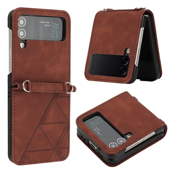 SaniMore for Samsung Galaxy Z Flip 4 Case, Ultra-Thin PU Leather & Rugged PC Folding Cover Built-in Kickstand & Holder Anti-Scratch Heavy Duty Full Body Protective Shell for Samsung Z Flip 4, Brown