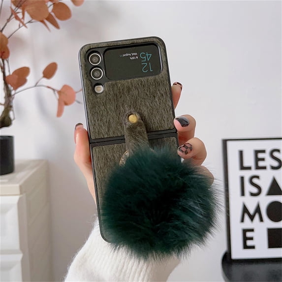 SaniMore for Samsung Galaxy Z Flip 4 Folding Plush Case, Rugged PC Case for Samsung Z Flip 4 Cover with Plush Ball Ring Holder Full Body Protective Case Ladies Women Girls, Darkgreen