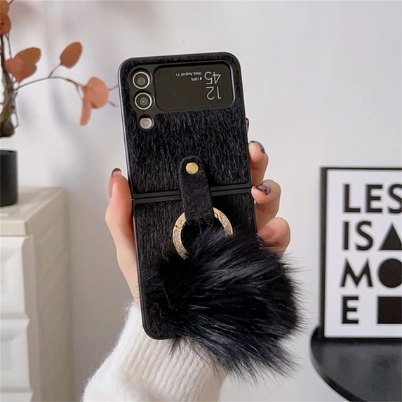 SaniMore for Samsung Galaxy Z Flip 4 Folding Plush Case, Rugged PC Case for Samsung Z Flip 4 Cover with Plush Ball Ring Holder Full Body Protective Case Ladies Women Girls, Black
