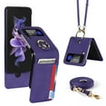 thumbnail image 1 of SaniMore for Samsung Galaxy Z Flip 4 Multi-Functional Folding Case Support Ring Kickstand & Card Slot, PU Leather Cover Built-in Adjustable Shoulder Strap Shockproof Protective Shell, Purple, 1 of 9