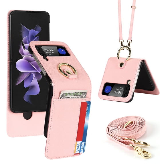 SaniMore for Samsung Galaxy Z Flip 4 Multi-Functional Folding Case Support Ring Kickstand & Card Slot, PU Leather Cover Built-in Adjustable Shoulder Strap Shockproof Protective Shell, Pink