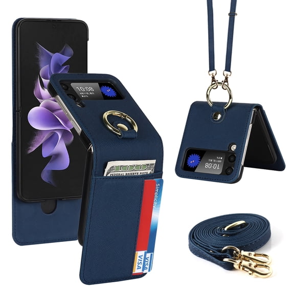SaniMore for Samsung Galaxy Z Flip 4 Multi-Functional Folding Case Support Ring Kickstand & Card Slot, PU Leather Cover Built-in Adjustable Shoulder Strap Shockproof Protective Shell, Blue
