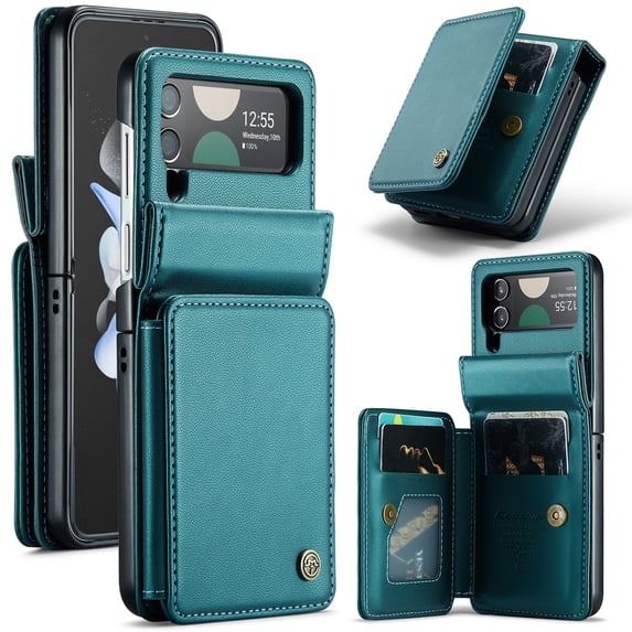 SaniMore for Samsung Galaxy Z Flip 4 Wallet Case, RFID Blocking PU Leather Kickstand Credit Slots Flip Folio Protective Case, Double Magnetic Clasp Durable Shockproof Cover for Z Flip 4, Blue